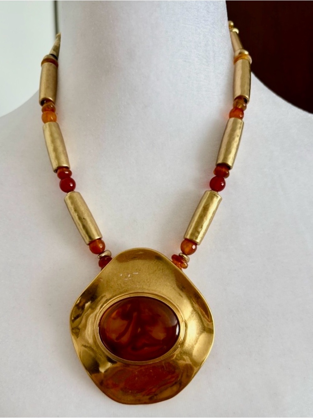 Chico’s Amber Tone Pendant Necklace Gold Tone 20” - adjustable